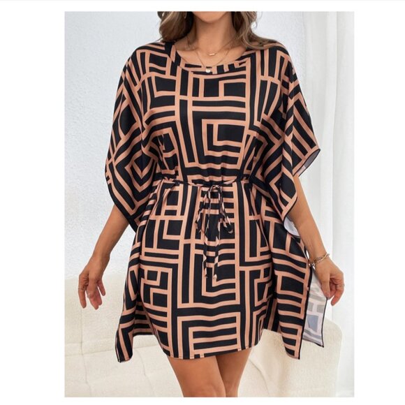 SHEIN Dress Clasi Allover Print Batwing Sleeve Belted, Women's, M - Picture 7 of 7